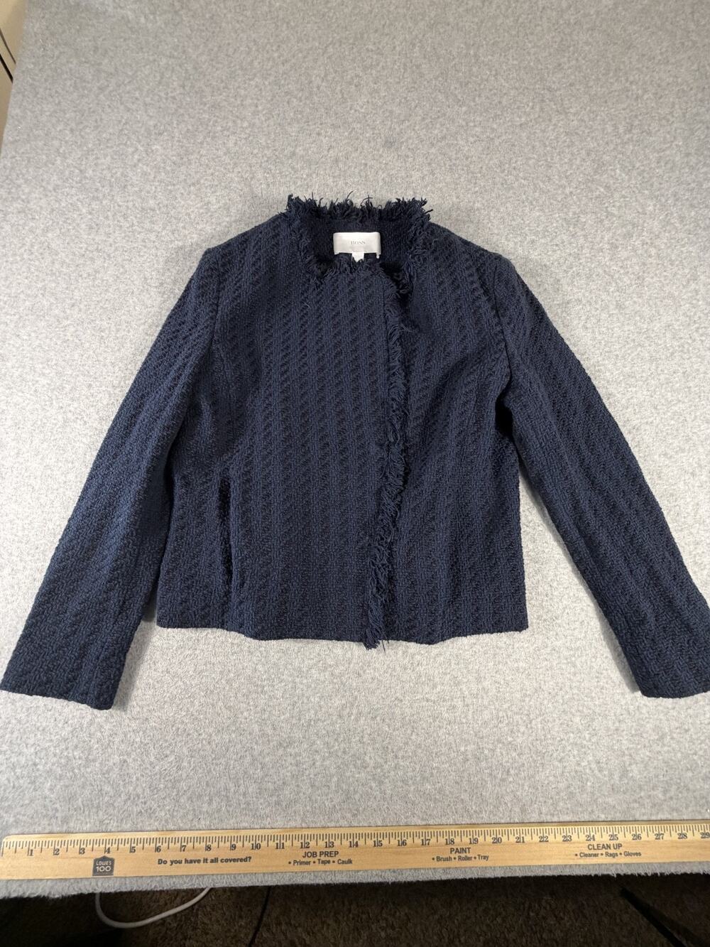 BOSS Hugo Boss Janoa Cropped Tweed Jacket Blue Black Blazer Collarless Sz 6 US